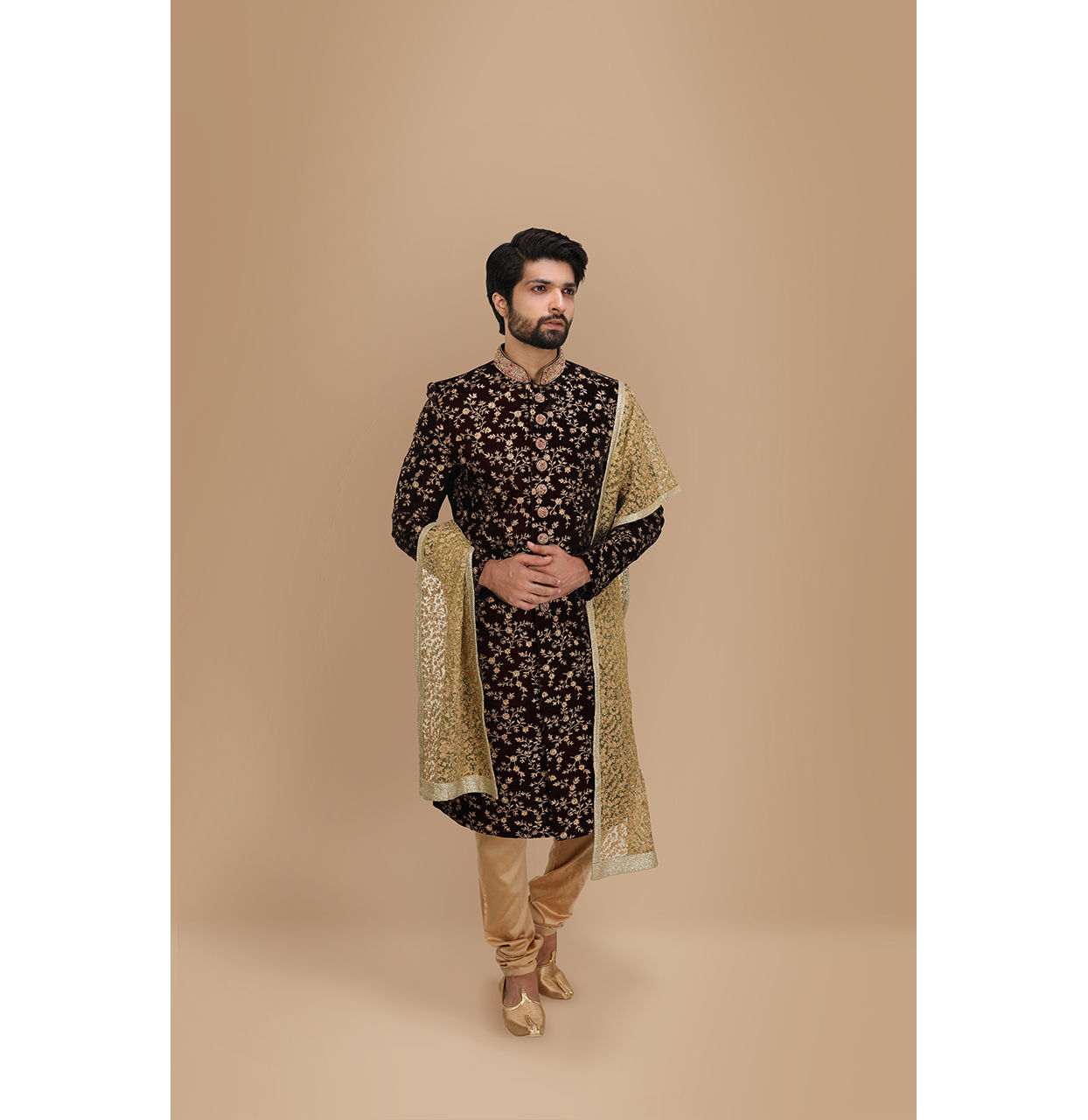 MC 522 Groom Sherwani with Maroon Shawl main image 1